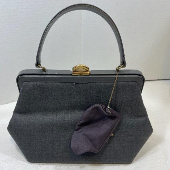 VTG Morris Moskowitz Gray Fabric Patent Handbag w/Coin Purse Handbag 11x 5x7.5" - Picture 2 of 13